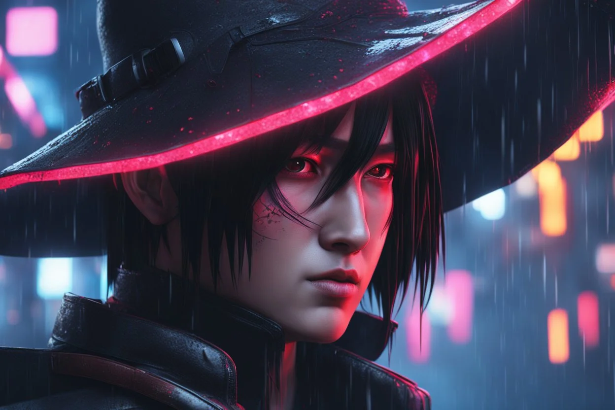 Itachi in 8k cyberpunk cgi artstyle, crow them, neon effect, close picture, rain, apocalypse, intricate details, highly detailed, high details, detailed portrait, masterpiece,ultra detailed, ultra quality