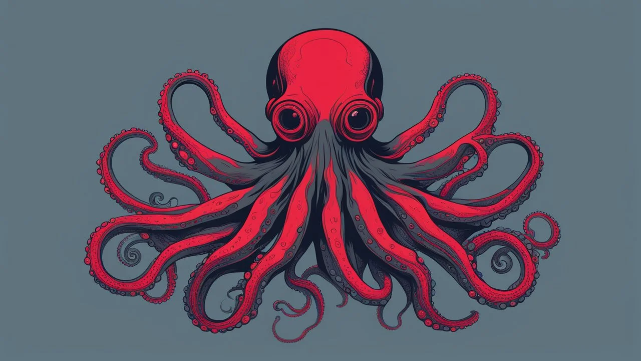 cyborg octopus, duotone illustration, cool, minimal, plain dark grey bg, detailed, red, dark grey, black, and blue colors