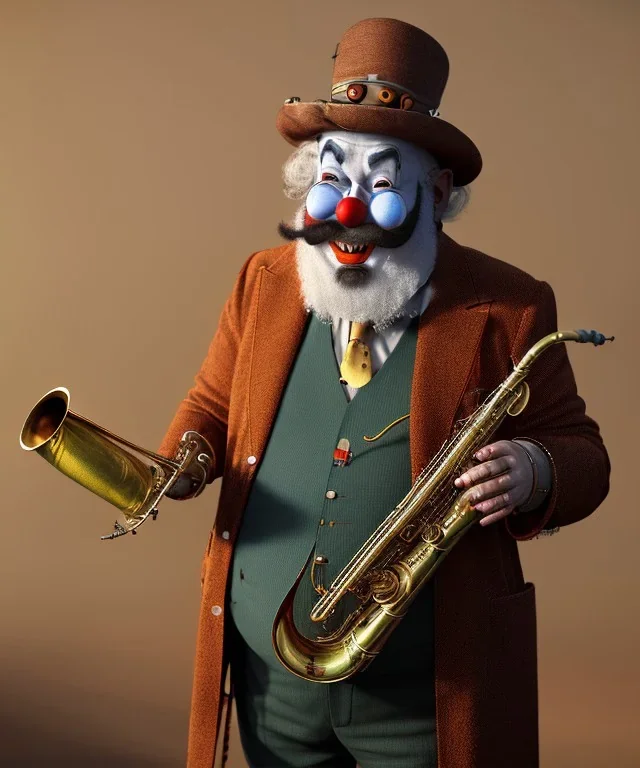 mechanoid old friendly fat clown with trimmed beard playing jazz with a steampunk theme, trumpet, salvador dali