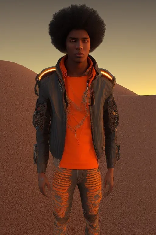 3D render of a cyberpunk tribal young black man, black afro hair, ragged shirt, on a orange dune background, digital art