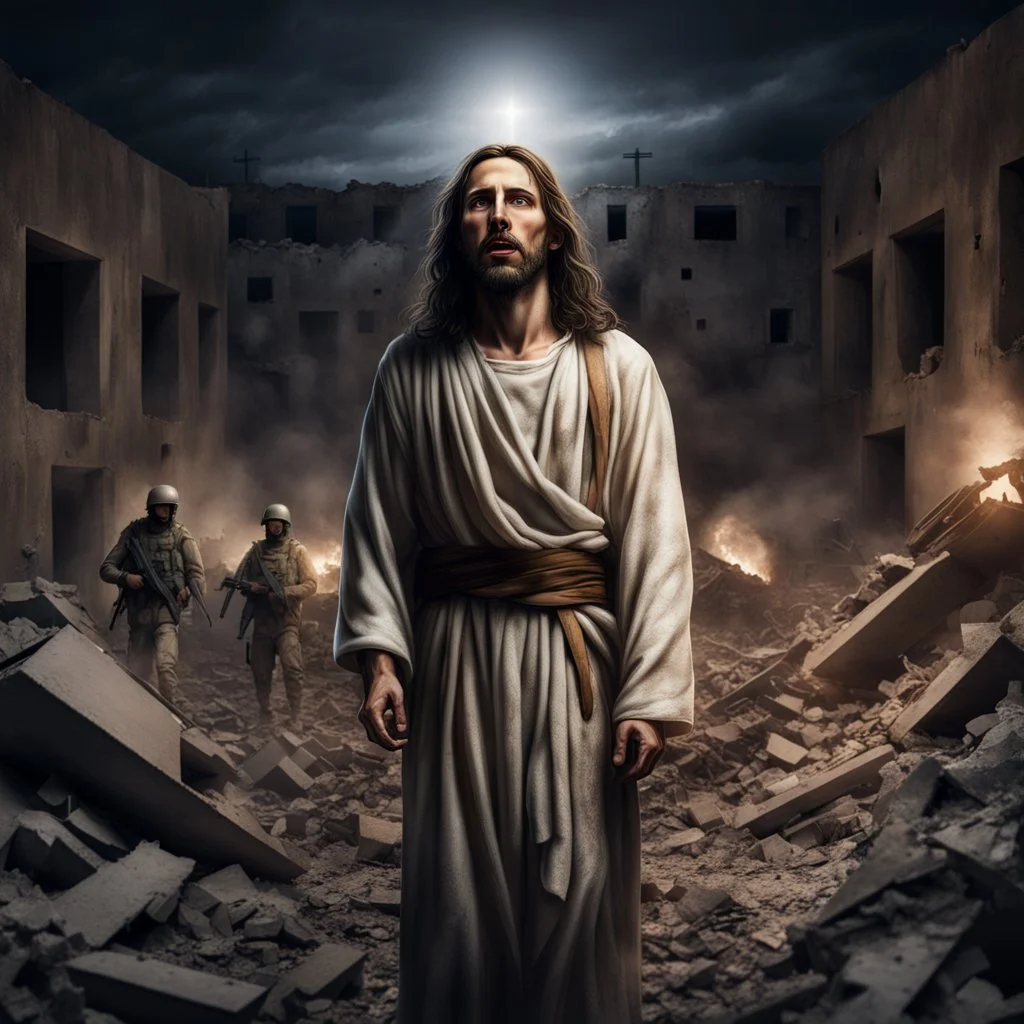 Hyper Realistic Jesus Christ trapped between Israel soldiers at dark night with destroyed buildings