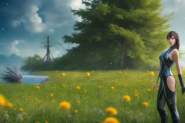 young woman in an android suit with dark hair, standing on the shore of an alien sea, with flying forests of dandelion seed head trees in the distance