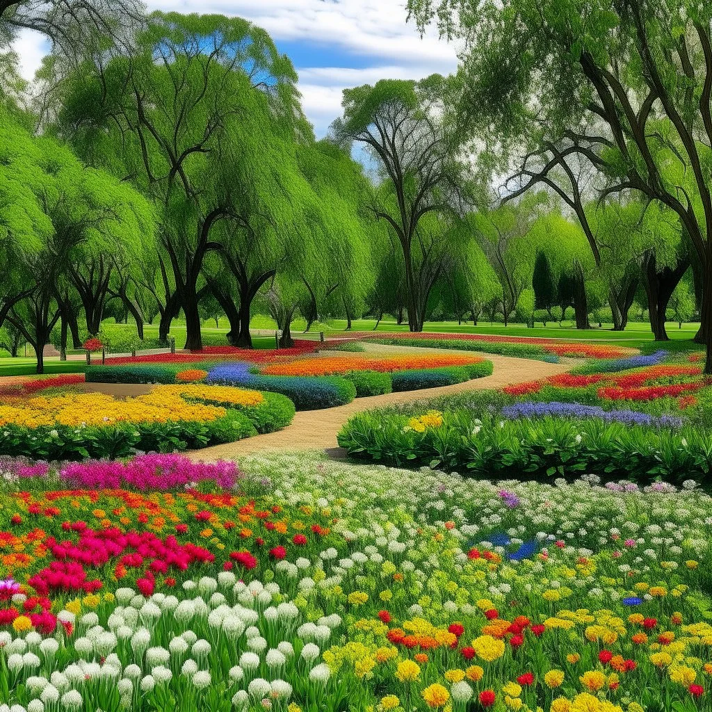 A spring green park filled with flowers designed in Navajo woven art painted by Claude Monet