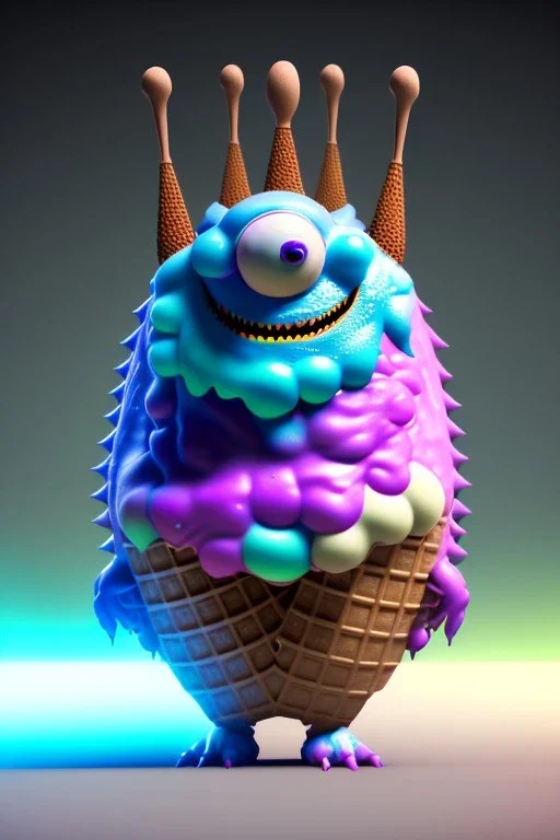 Big ice cream monster, smile, happy, gradient color fog. highly detailed, concept art, unreal engine 5, ray tracing, RTX, lumen lighting, ultra detail, volumetric lighting, 3d, finely drawn, high definition, high resolution.