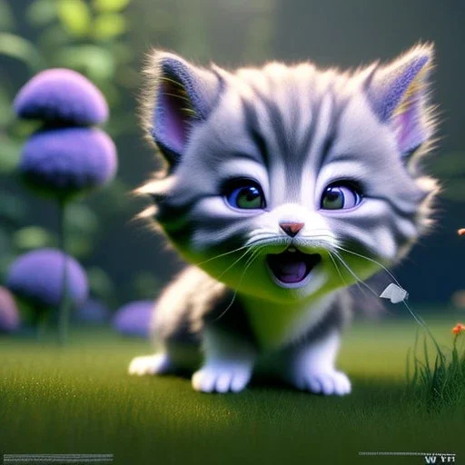 pixar style, volumetric garden environment and background, realistic painting of a cute midget grey kitten laying on the ground, looking excited, detailed digital painting, extreme dense and fine fur, anime, ornate, colour-washed colors, elegant, small minutiae, tiny features, particulars, centered, smooth, sharp focus, renderman gofur render, 8k, uhd, detailed eyes, realistic shaded volumetric lighting, sunlight caustics, backlight, centered camera view