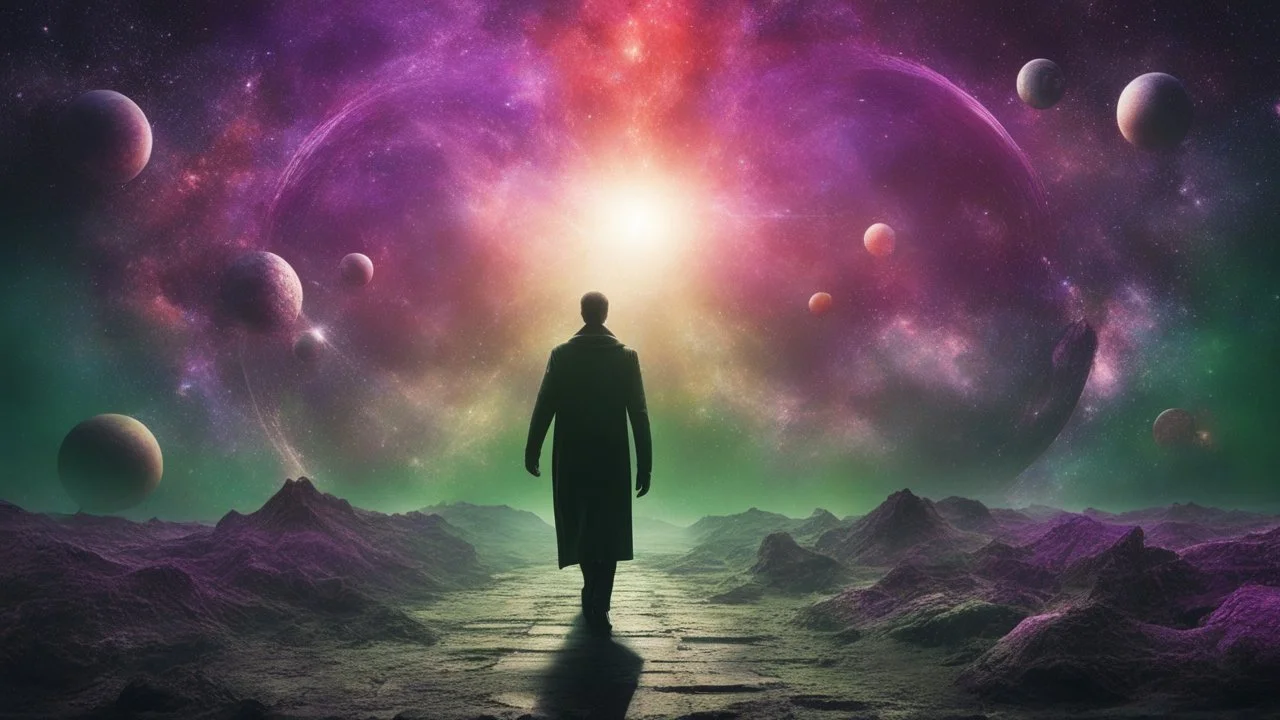 matrix universe, space, planets, god creation walking on light, purple, dark green and red,