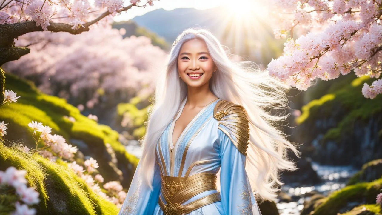 Portrait of a gorgeous smiling asian goddess with a golden dark skin, long smooth white blueish hair, blue eyes, in a sci-fi outfit with luminous strikes in a hill of flowers with sakura trees, a small torrent, loads of mini flowers, moss, sun rays through the branches, particles in the air at spring