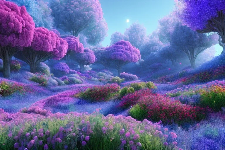 monde en fleurs bleu pink fuksia, concept art, crépuscule , trees bleu pink violet oranger, vibrant Color, réaliste