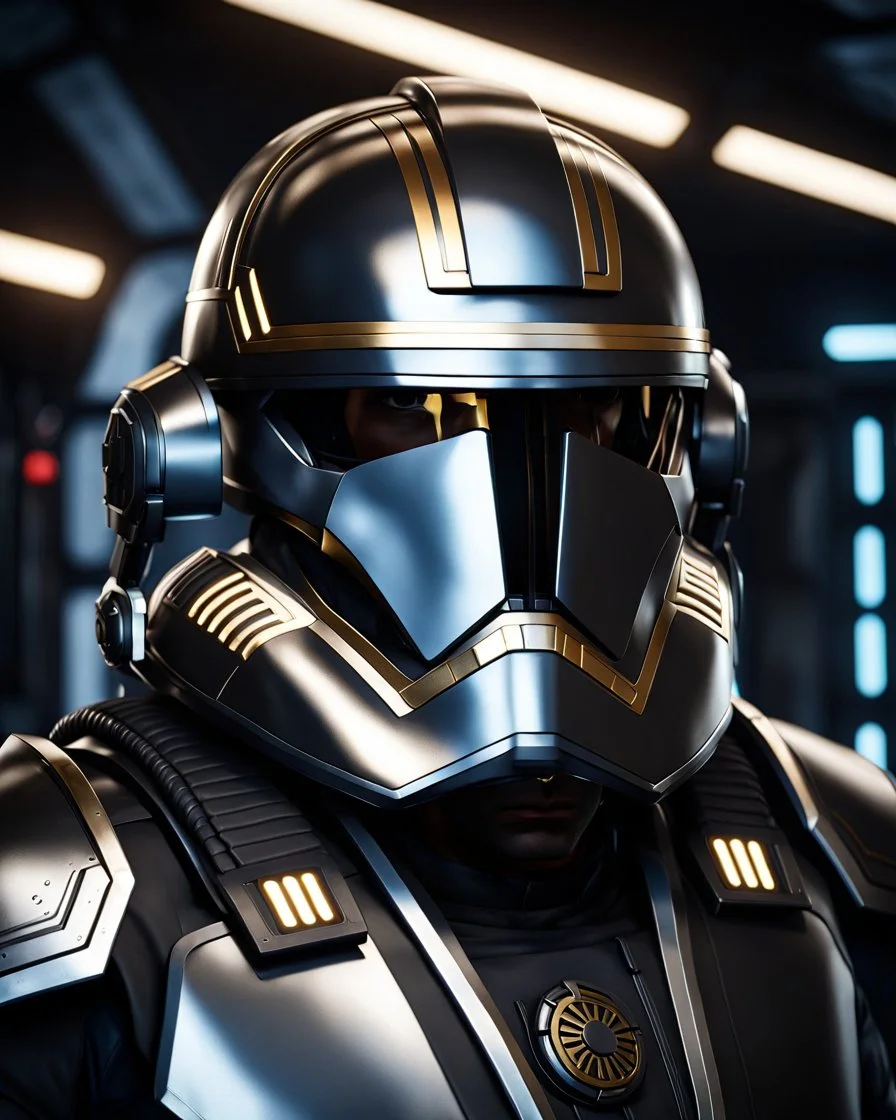 star wars bald male corellian pilot wearing pearlescent black and gunmetal grey First Order special forces heavy assault stealth commando armor and helmet with gold trim inside the jedi temple, hyperdetailed, dynamic lighting, hyperdetailed background, 8k resolution, volumetric lighting, light skin, fully symmetric details