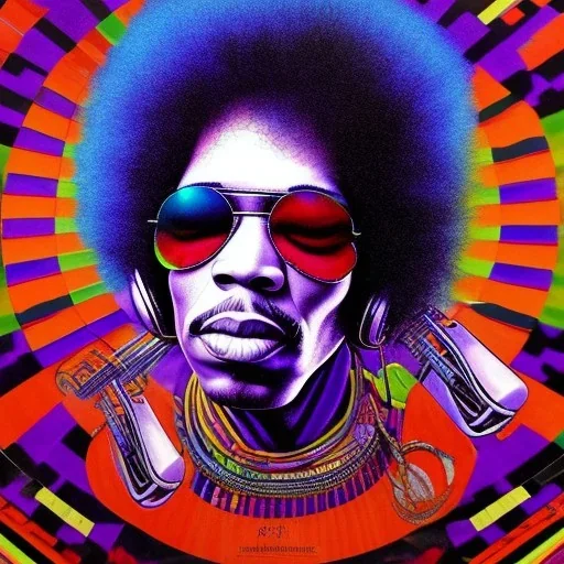 a realistic picture of Jimi Hendrix at a turntable with headphones on being a DJ, vivid color, with sunglasses, psychedelic trippy art, with UFOs in the background