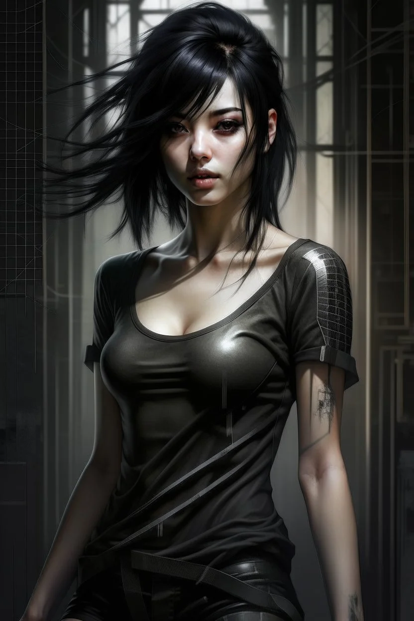 pretty girl, aged 15, black hair, dystopia, athletic, digital art, black bodysuit