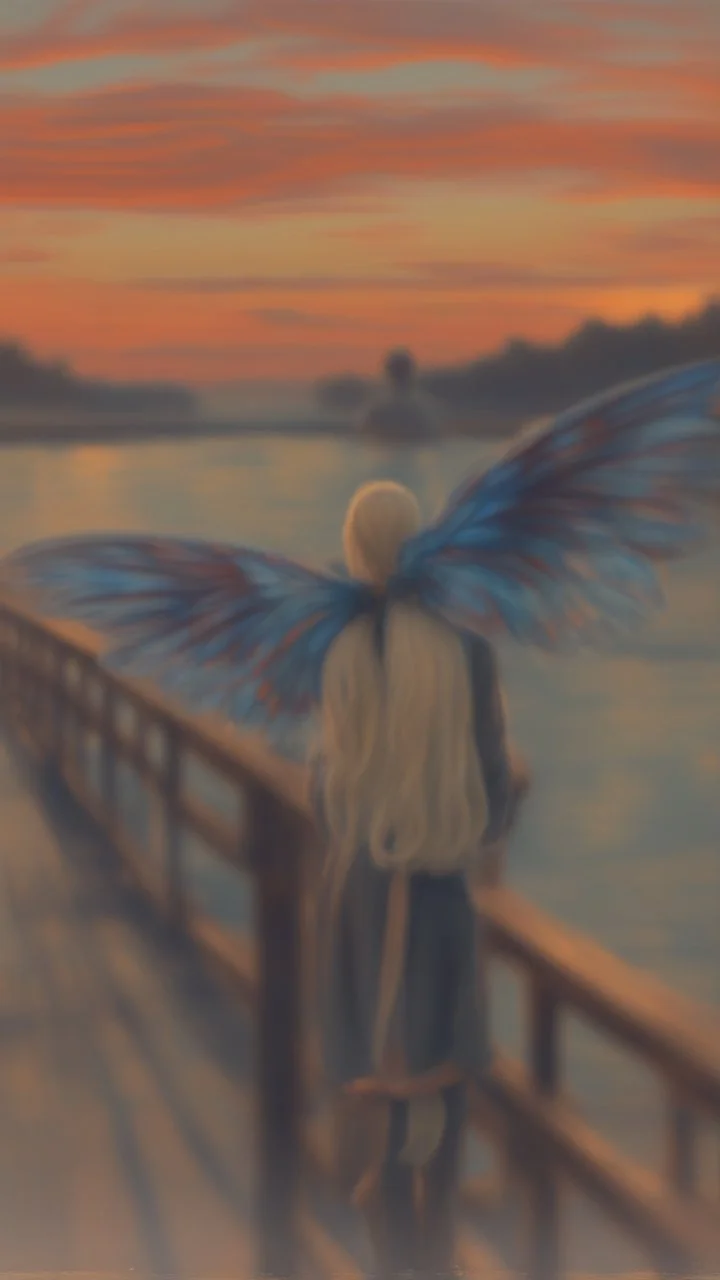 portrait with transparent angel wings like a butterfly on a bridge at sunset, a more intense "scream" that looks like the original painting by Edvard Munch, bokeh like, down-light, unreal engine, prize winning