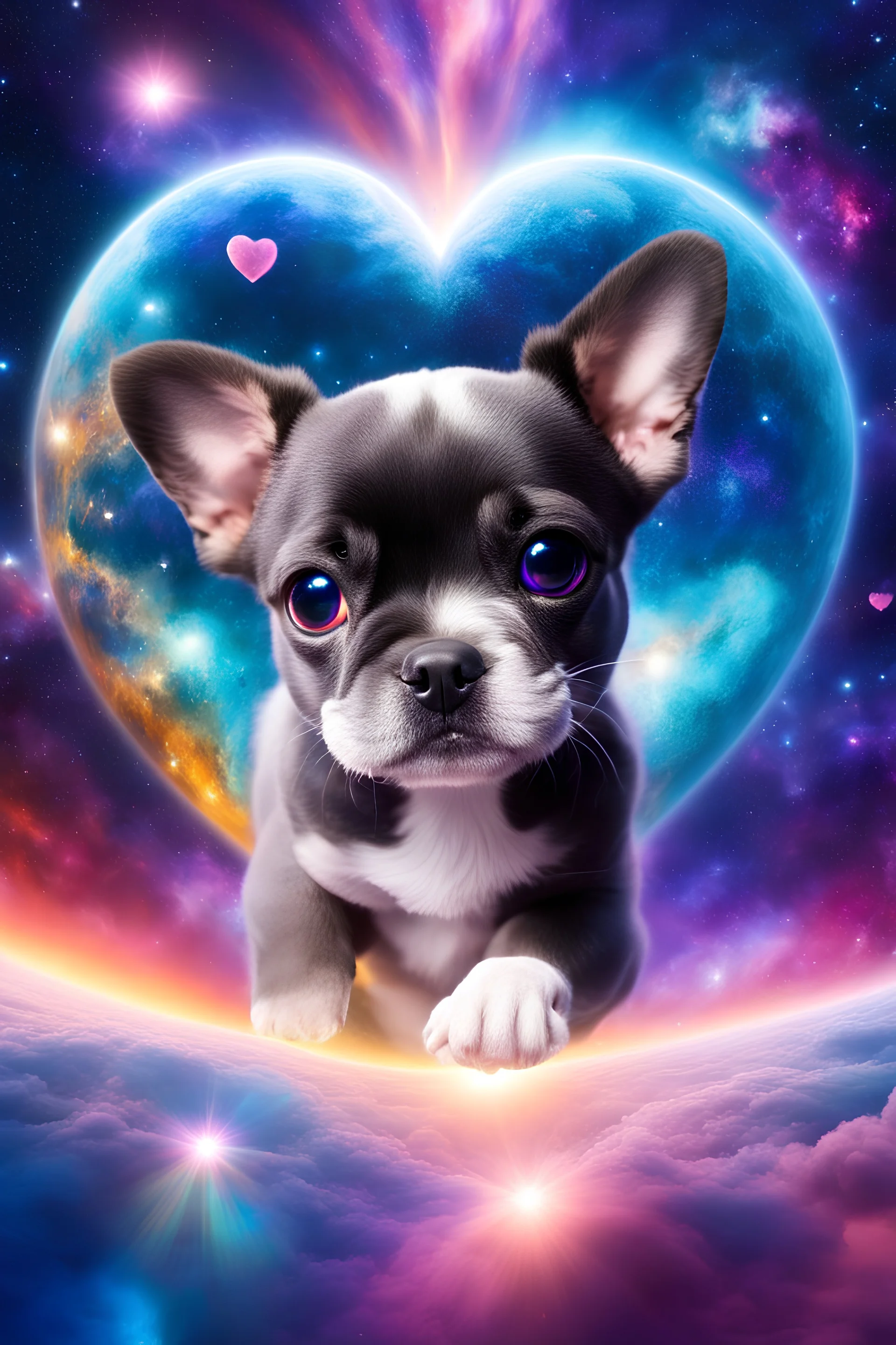 large eyed happy puppy grey frenchton in the distance a colorful intricate HEART shaped planet similar to earth in a brig ażht nebula, sparkles, cinematic lighting, vast distances, swirl, fairies, magical darkness, sharp, depth, jellyfish, cinematic eye view