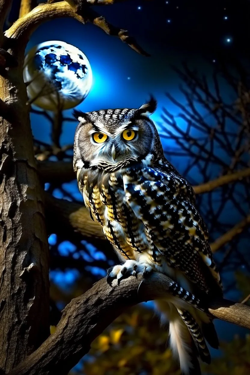 a horned Owl sitting on branch in oak tree with full moon behind it