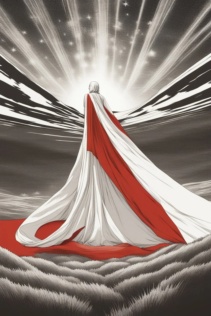 Giant massive huge in stature, majestic entity, hovering and floating over a large field landscape. the entity wears a white and red draped fabric that has printed on the material resembling stars. the fabric has also technological elements. you can see how big it is compared to a tiny human standing in front of it