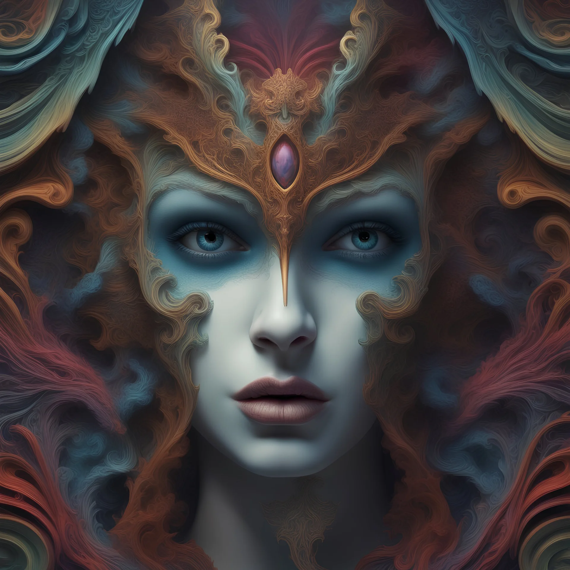 A surreal, high-definition 3D image featuring a gothic-inspired composition. The colorful face is split in half, one side depicting an angelic visage, while the other side represents a beastly countenance. The intricate details and vibrant colors enhance the otherworldly quality of the image, creating a captivating visual experience.