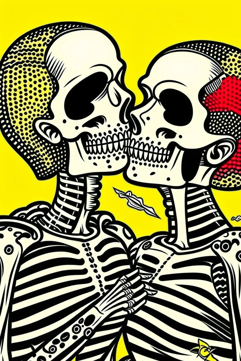 Funny Retro skeleton kiss woman valentine comic poster, in the style of Roy Lichtenstein