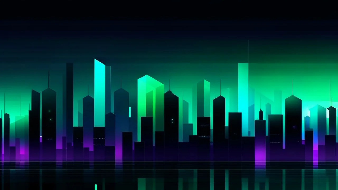 Digital and poly illustration of a minimalist and digital city with a dark background and gradients with light blue, light green, and purple.