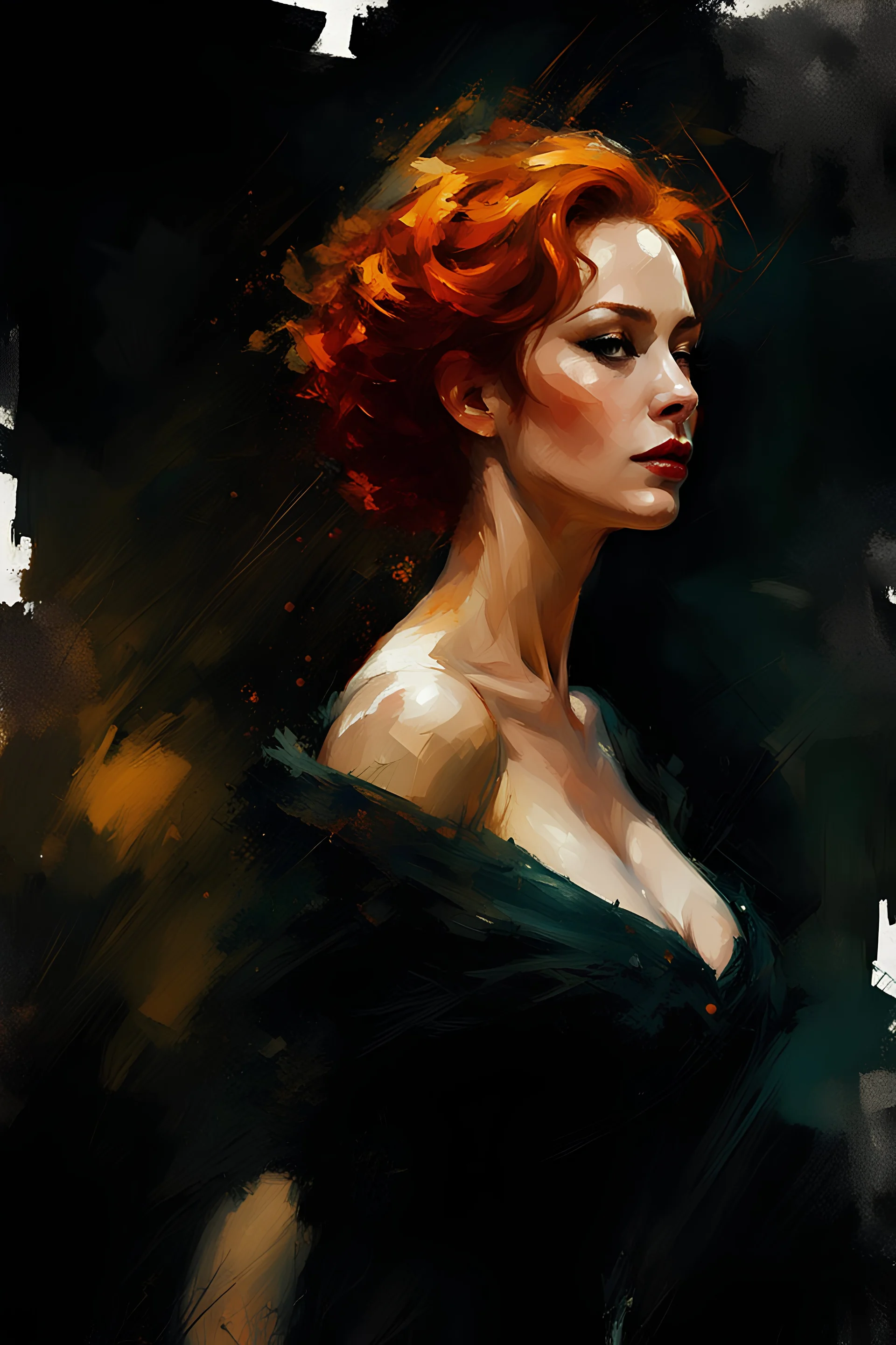 christina hendricks as saffron at a dance in a barn :: dark mysterious esoteric atmosphere :: digital matt painting with rough paint strokes by Jeremy Mann + Carne Griffiths + Leonid Afremov, black canvas