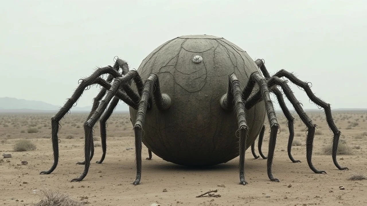 A large, spherical object that appears to be a spider. The object is in the center of the image, with its body facing towards the left side of the frame. It has a long, slender body with multiple legs that extend outwards from its body. The legs are covered in small, dark hairs that are curled and twisted, creating a web-like appearance. The body of the object is covered in a layer of dust and dirt, giving it an eerie and eerie appearance. The background is a barren landscape with no other objec