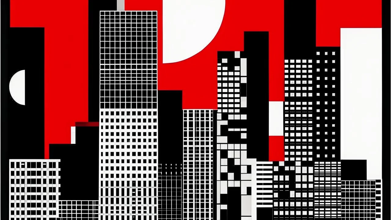 A minimalist and geometric illustration by Malevich and Kuniyoshi of a black and white city with an anarchist red and back flag.