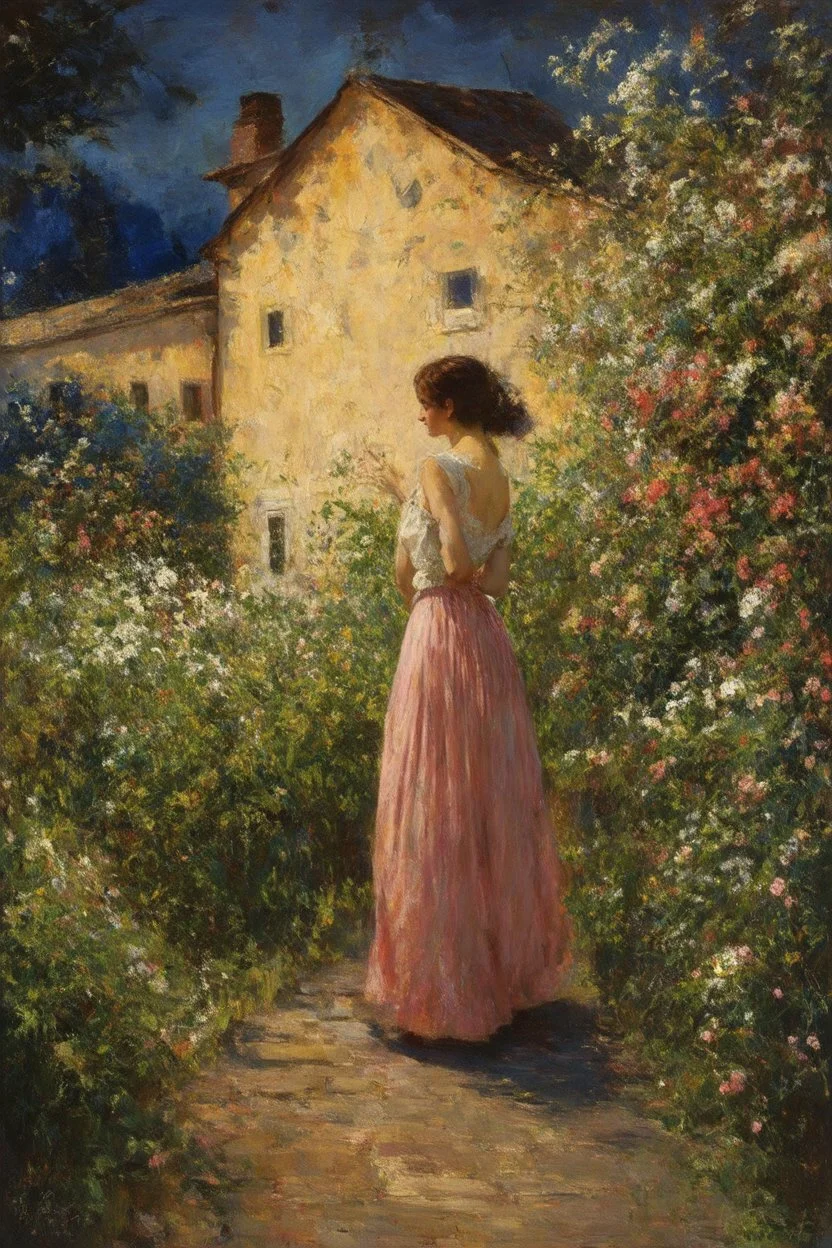 Night, vegetations, flowers, one woman, house, distant buildings, julius rose, and thomas hill paintings