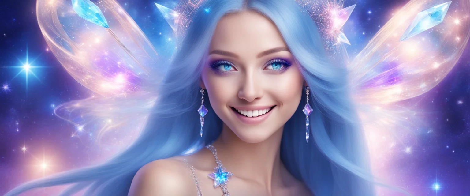beautiful bright fairy cosmic women with cosmic long straight hair, crystal jewel and dressed with a magic crystal suit. she has light make up and a sweety smile.
