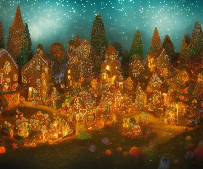 gingerbread candy village, colorful, fantasy, fairytale, intricate, forest, fireflies, flowers, halloween, christmas, hansel and gretel, bokeh, medium shot, visually stunning, depth of field 100mm ( cinematic scene, studio lighting, matte painting, concept art, trending on artstation, artgerm, cgsociety )