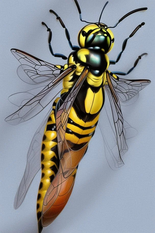 Realistic drawing with colored pencils of a wasp on a white background