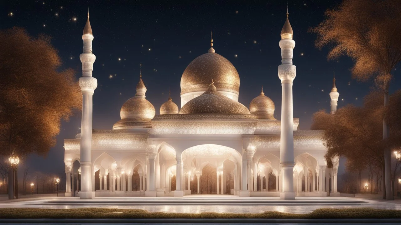 Hyper Realistic outside Beautiful-Grand-Brown-Decorated-Mosque with white-marble-fences & Beautiful-Lightings-Decorations at night with stars on sky & beautiful trees