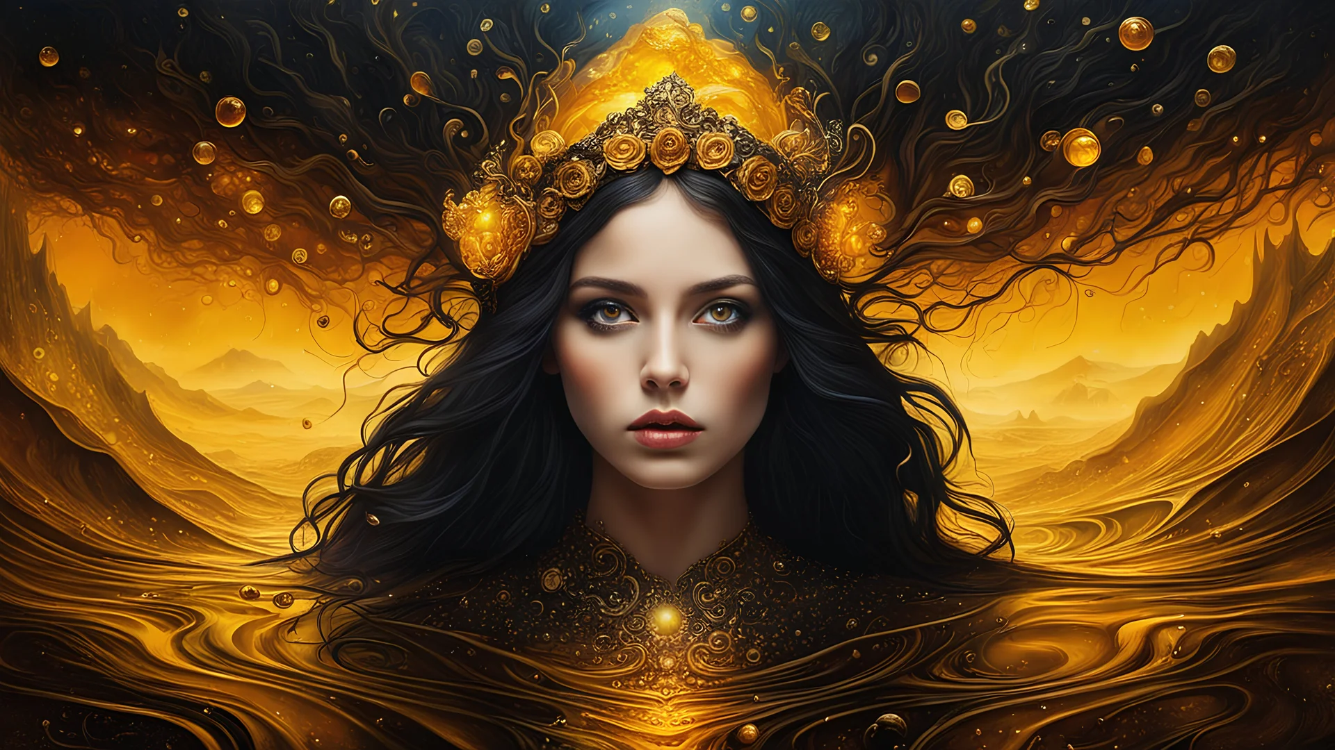 ajanicki brlla In the depths of the amber, a dark and mysterious world unfolds, where a surreal death girl with eyes of liquid gold wanders, lost in the amber's enigmatic dreamscape surrealistic