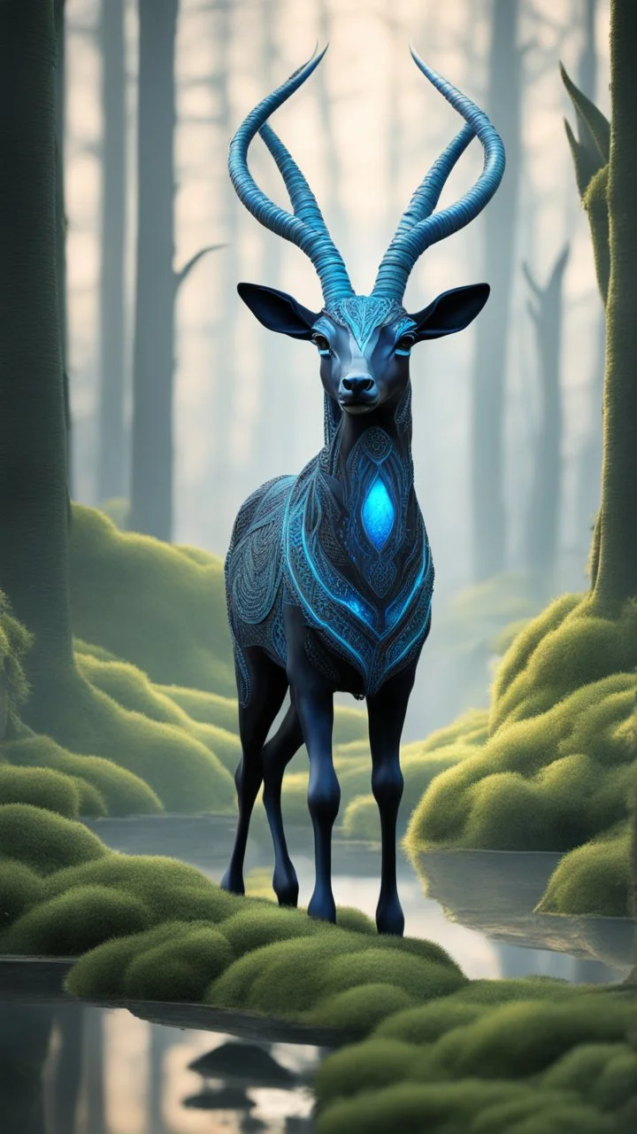 Dark forest, fantasy forest, gazelle with blue neon Crystal horns , intricate details, highly detailed, dreamshaper finetuned model with dynamic art style witg