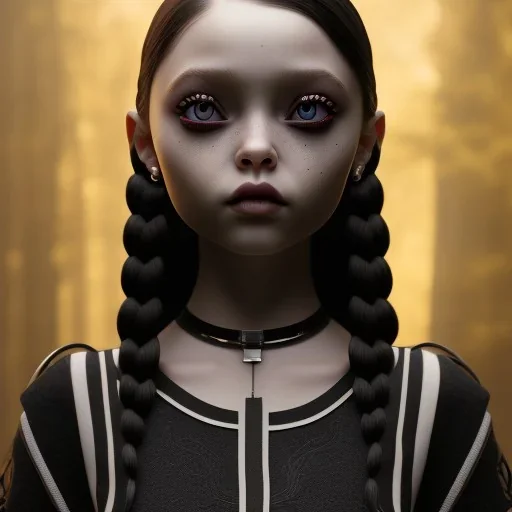 jenna ortega, wednesday addams hair style, wednesday make up, wednesday addams black dress, cinematic, addams family wednesday style, hyper detail, octane render, unreal engine 5, 8k resulation