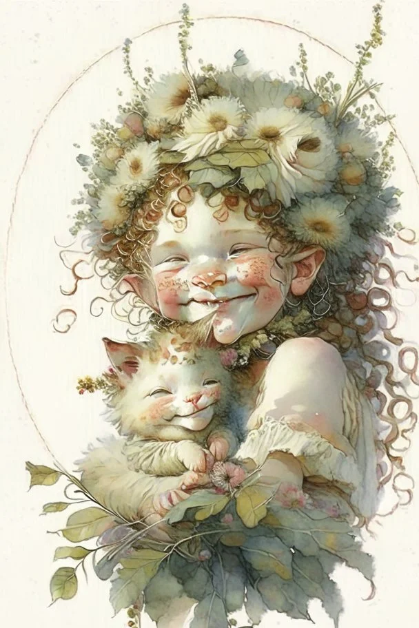 Artist Jean-Baptiste Monge style. A young toddler Elf child is smiling.pale skin.curly fine hair. round baby face. hugging her pet cat. her ears pointed. freckles across her nose and face. wreath of flowers in hair.