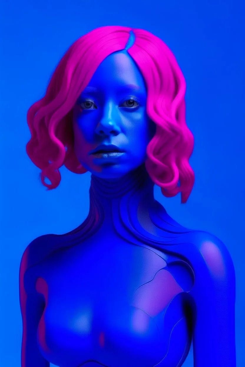 woman face in indigo rubber effect in all body with pink rubber effect hair