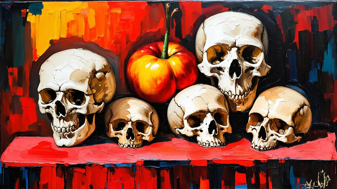 Abstract, expressionist painting featuring a still life with skulls.