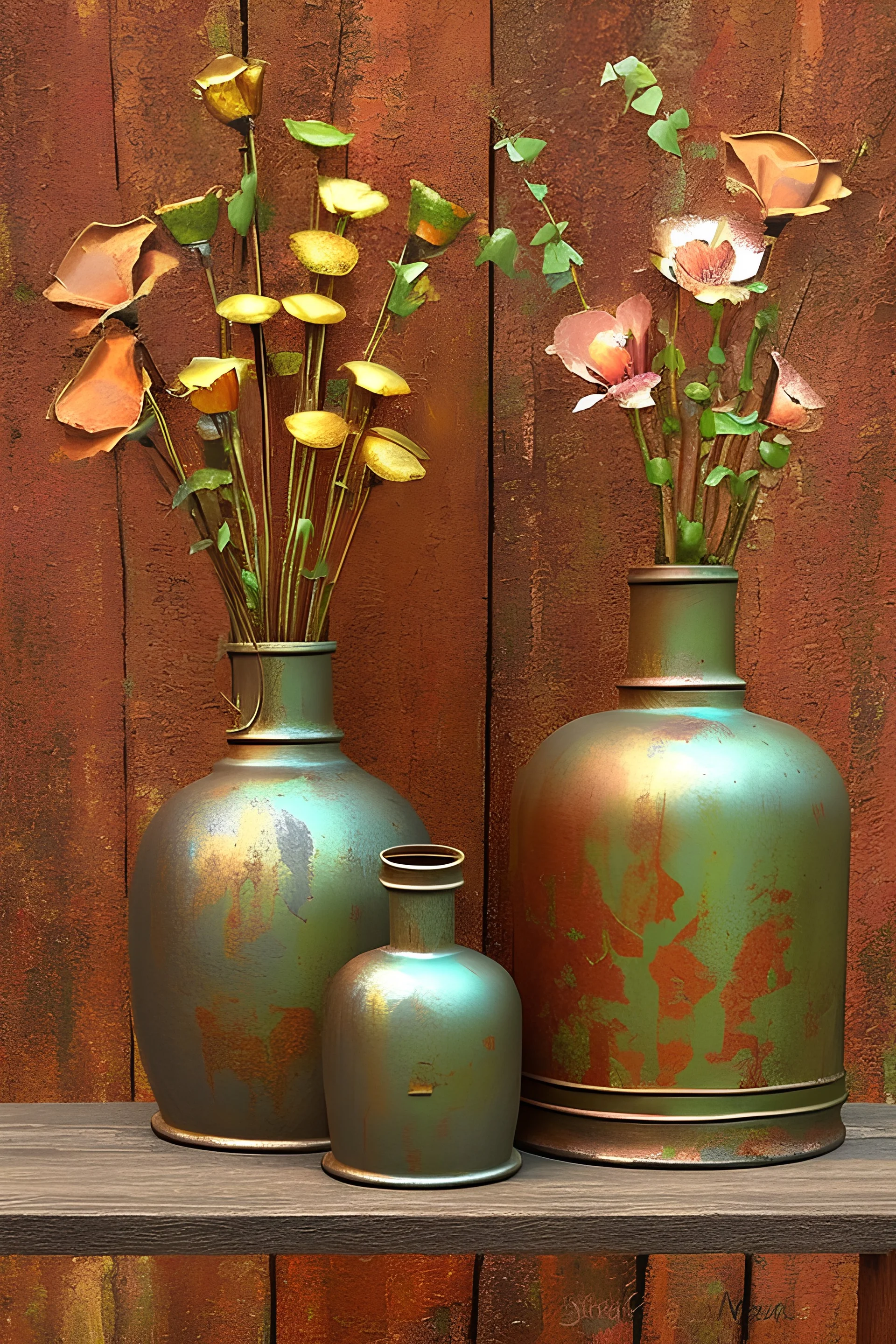 two antique and rusty metallic vases on the painting, Renaissance style, worn decoration vases with flowers and leafs over rustic wooden bench, rule of thirds, an old smudged painted wall in the background, beautiful still life