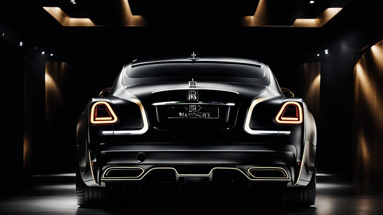 Rear View A stunningly realistic (((rolls royce x mansory))), intricate detail and perfection in every surface, glimmering metal and luxurious contours, a (perfect model) for a desktop wallpaper fit for high resolution screens, evoking a sense of futuristic elegance in a (4K cinematic atmosphere).