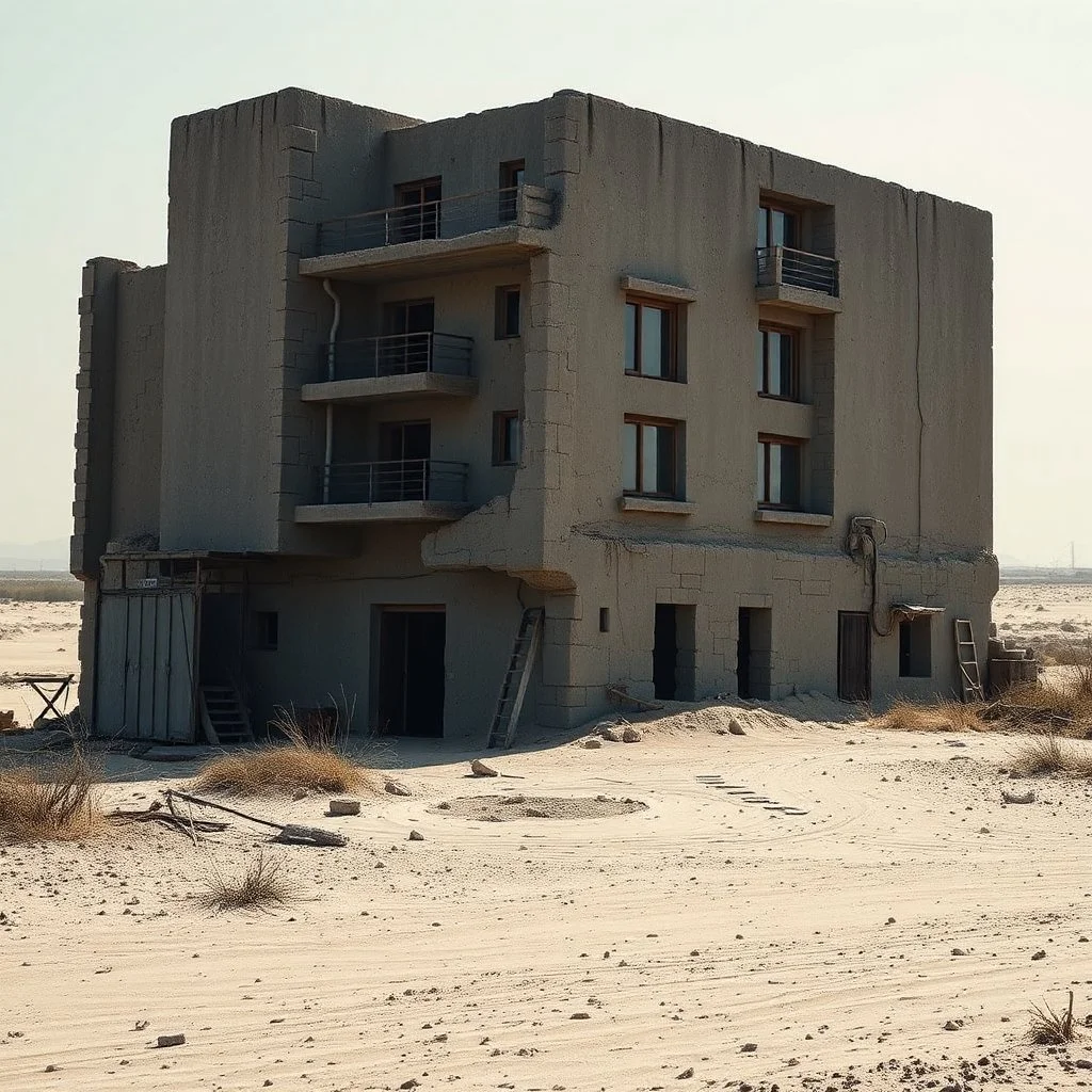 Fotografia di una strada di città moderna brutalista, che sembra un tugurio, parzialmente sommersa. La struttura è erosa e inglobata dal paesaggio naturale, come se il tempo o l'ambiente avessero iniziato a "riassorbirla". No. L'atmosfera è desolata e surreale, con un ambiente circostante spoglio e sabbioso hasselblad h6d400c --ar 85:128 --v 6.0