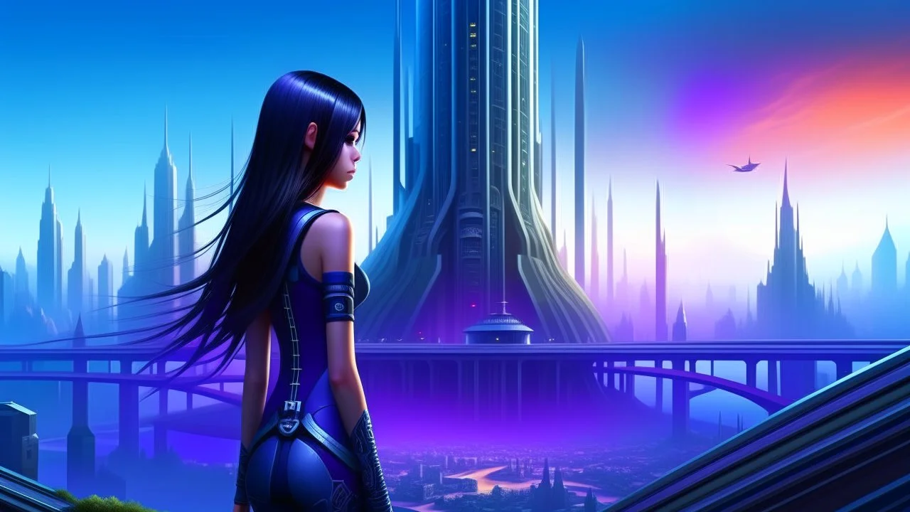 skinny sci-fi girl with long dark hair on an alien planet with tall spires, buildings, bridges, and arches