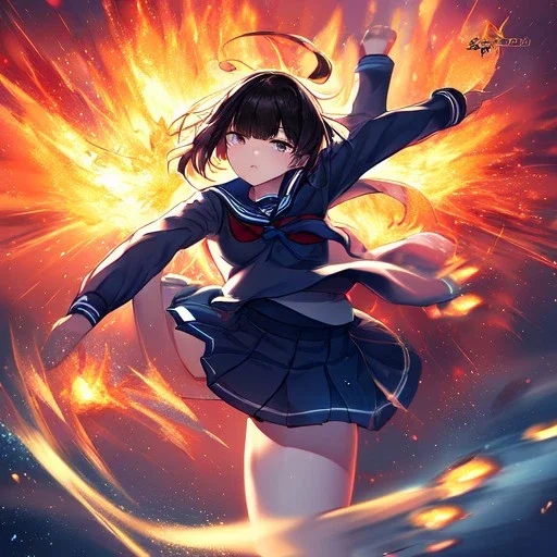 Clear focus,High resolution, Girl wearing a sailor uniform, Kicking pose, fire around her, straight face