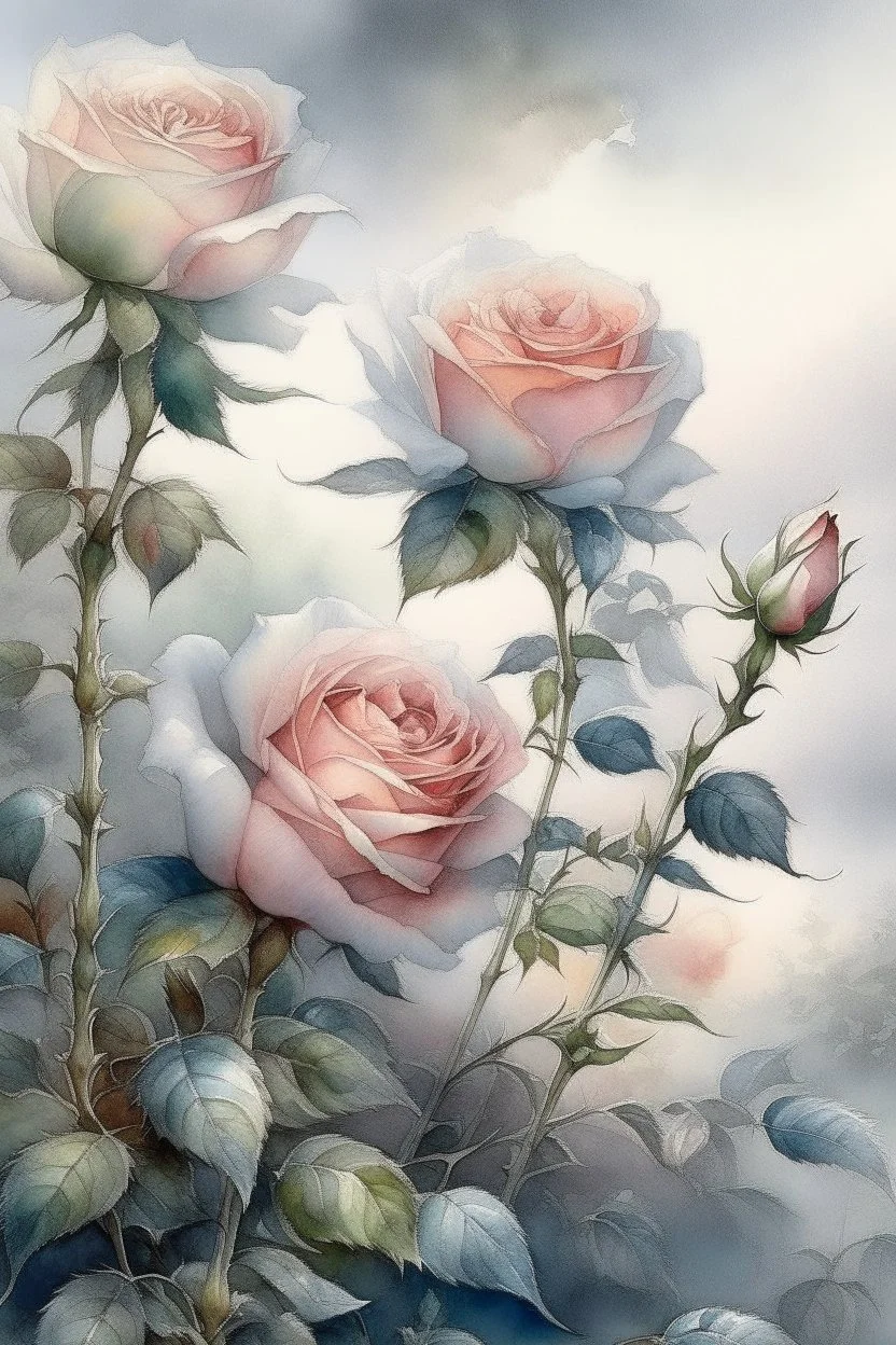 English watercolor, tea roses, drawing, beautiful landscape, fog, many details, delicate sensuality, realistic, high quality, work of art, hyperdetalization, professionally, filigree, silver haze, hyperrealism, professionally, transparent, gently pastel tones, backlight, contrast, fantastic, fabulous, unreal, translucent, glowing, clear lines, epic fabulous, 30mm lens, ISO 100, pixel graphics