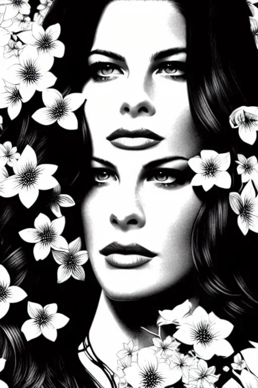 hyper detailed, black and white, thick line, coloring book illustration, lineart, stunningly beautiful liv tyler in flowers, jim lee