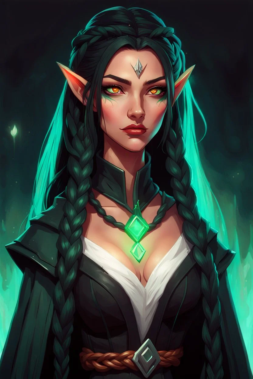 Young beautiful female Hexblood warlock character. Lightly tanned skin. Long straight jet-black hair to the waist. Half-up hairstyle with two loose Dutch braids on each side. Bright glowing pale emerald-red eyes. Delicate face. High cheekbones. Full lips. Soft smile. Slightly pointed ears. Faint dark vine-like markings on neck and collarbone. Black cloak. Realistic dark fantasy. Highly detailed. Cinematic lighting.