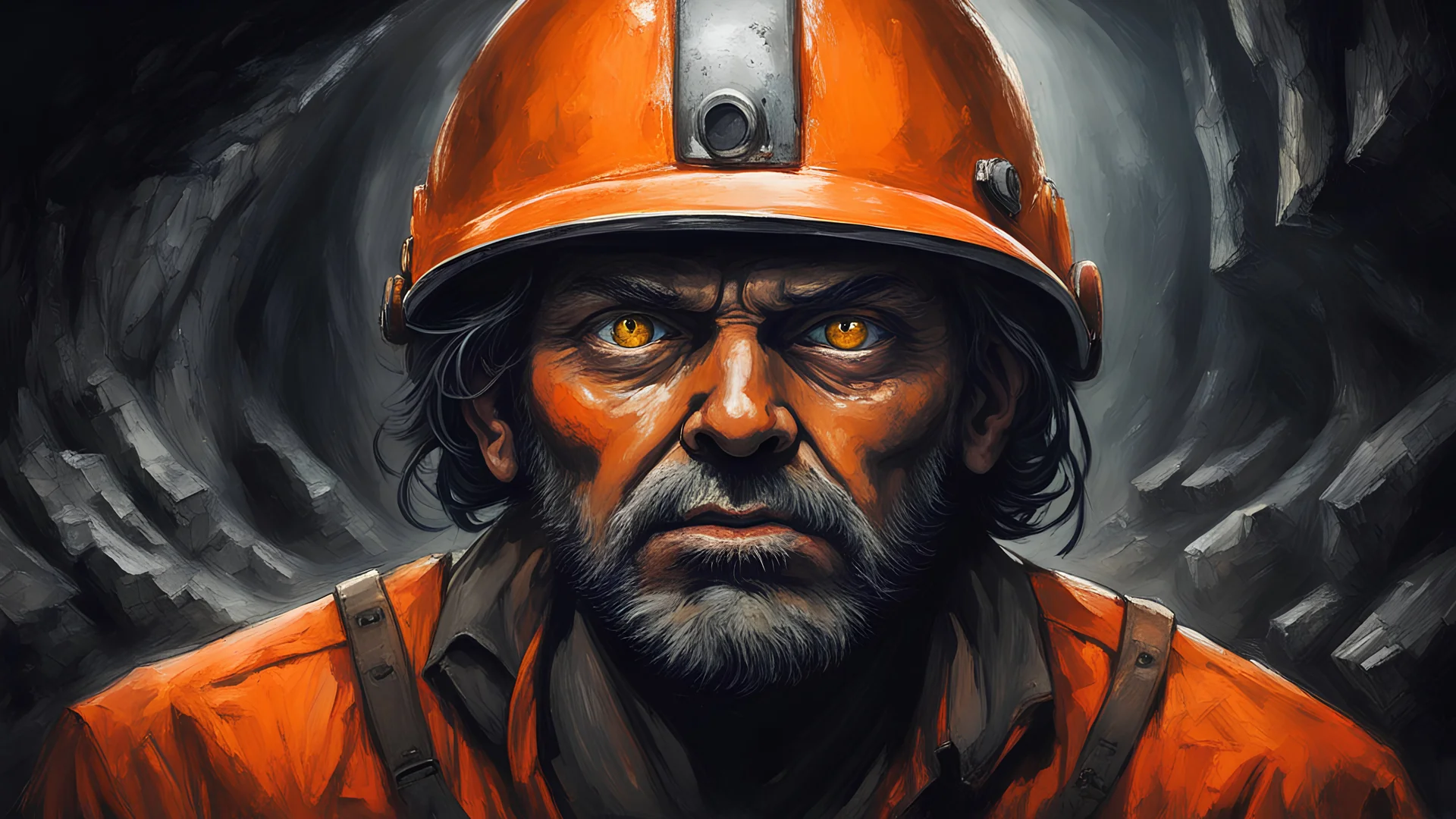 (masterpiece), best quality, expressive eyes, miner, inside mine, eyes close up, fear in eyes, adult men, 40 years man, extreme quality, dark horror art style, horror style, dark art style, Miner inside the mine, look of fear, wearing orange helmet