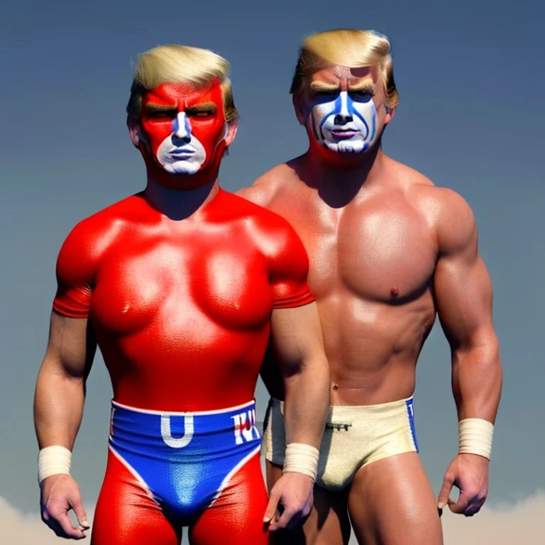 Realistic image of Donald trump wrestler, Mexican wrestling style, Mexican wrestling eyes mask, red and blue breeches, glow confederate flag dress, suspenders, retro style, 80s, vibrant color, highly detailed, sky background, concept art, unreal engine 5, god rays, ray tracing, RTX, lumen lighting, ultra detail, volumetric lighting, 3d, finely drawn, high definition, high resolution.