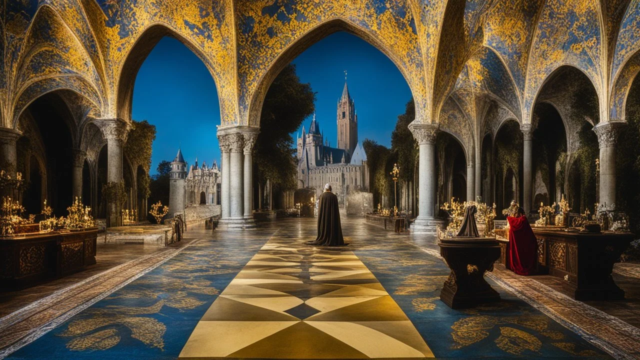 Royal Plantagenet nightmares, historical parody, discordant implications, excessive enmity, medieval turbulence, stress, treason, decay, awful, fear, wax, pretence, nastiness, chiaroscuro, color, award-winning colour photograph, Nikon 135mm, style Disney, style Salvador Dali, style Antoni Gaudi