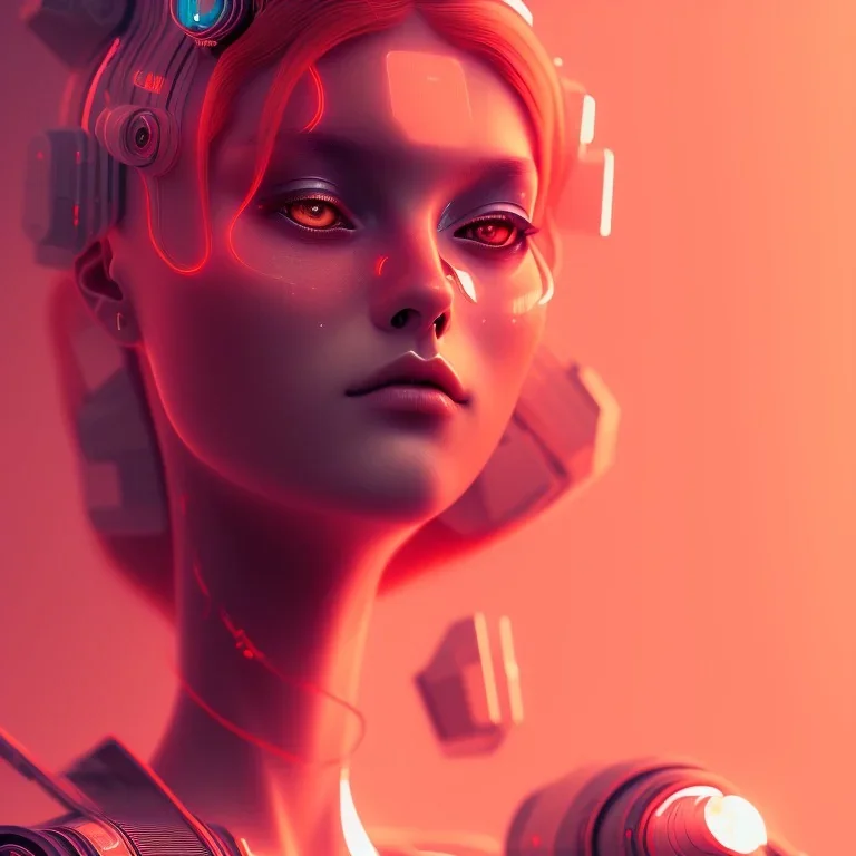 A beautiful portrait of a cute cyberpunk woman facing camera orange color scheme, high key lighting, volumetric light high details with white stripes and feathers