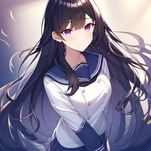 Clear focus, High resolution, Black long hair, fluffy hair, purple eyes, wearing a sailor uniform, rough line