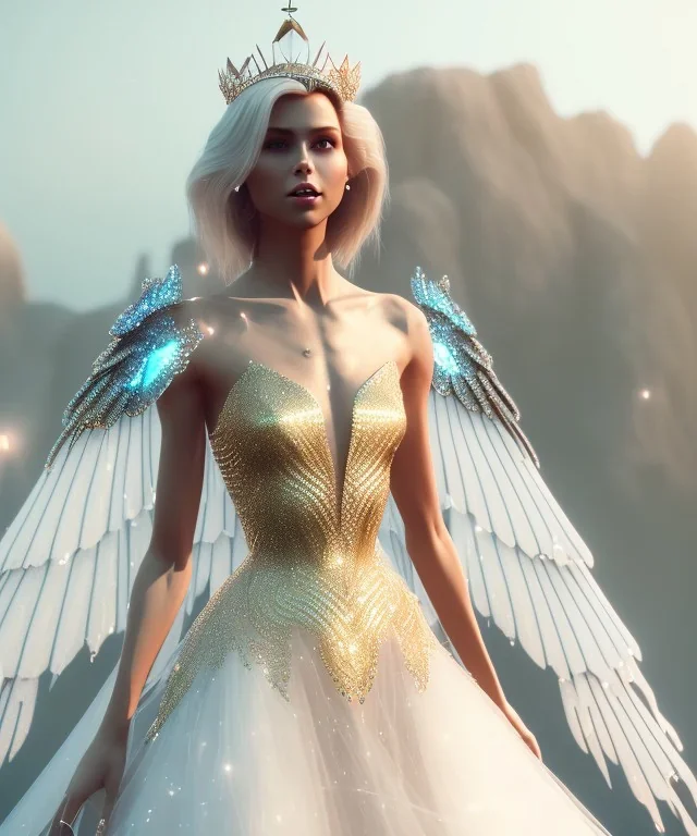 A crystalised queen, atmospheric, realistic, unreal engine, cinematic lighting, octane render, transparent long dress, blonde, full body, wings, smile, long hair